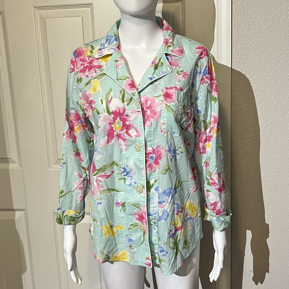 Lauren Ralph Lauren Polo Womens Floral Button Up Pajama Night Top Shirt Large